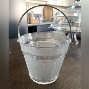 Vintage Frosted & Clear Whiskey Barrel Shaped Ice Bucket Hammered Silver Handle